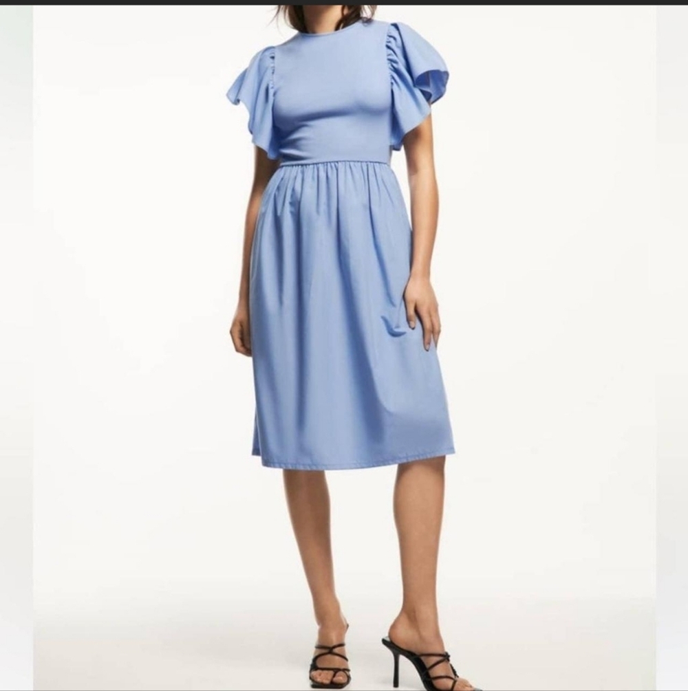 ZARA Ruffle Flutter Sleeve Midi Dress Light Blue Ribbed Top Cotton Blend Sz M